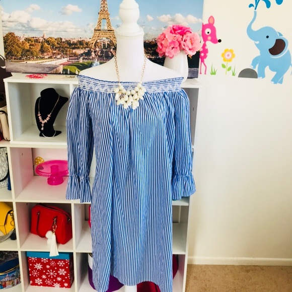 Tacera women blue &white off shoulder tunic dress - Picture 2 of 8